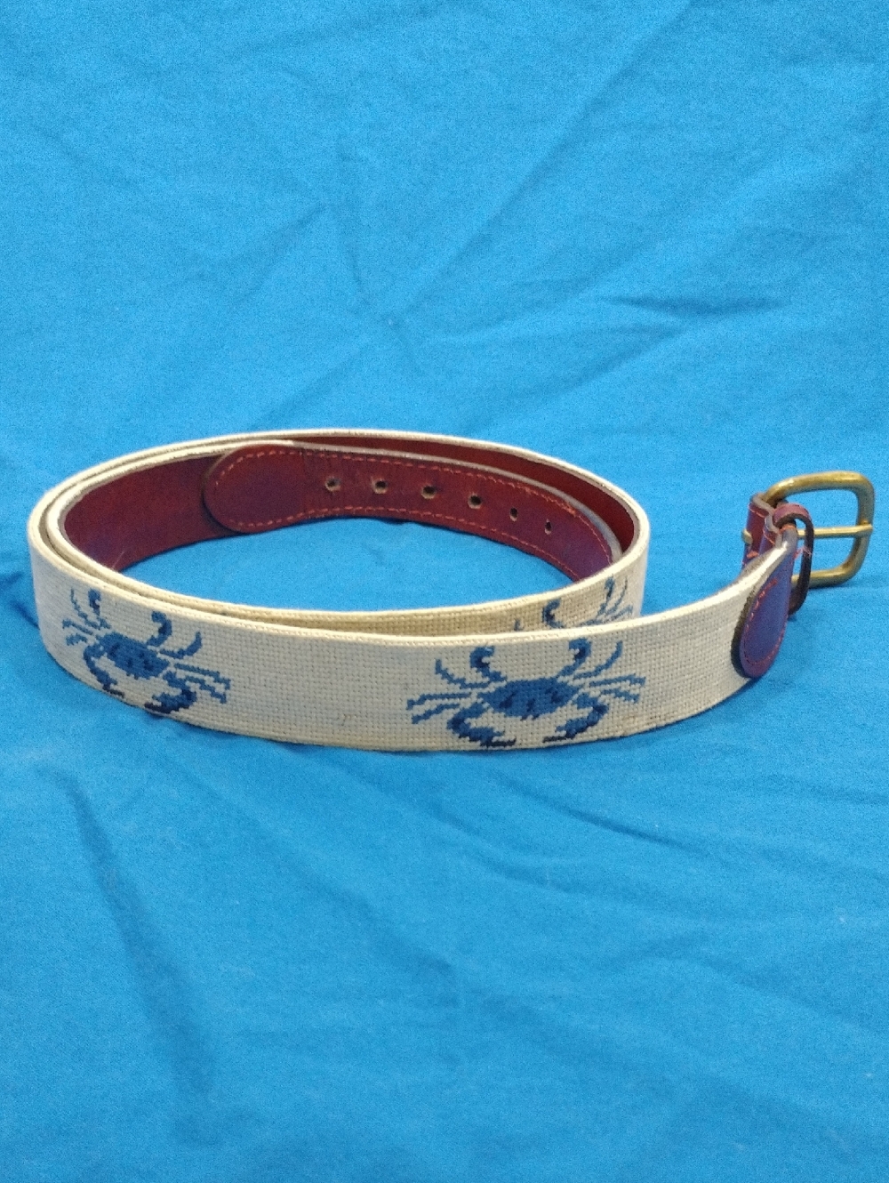 Smathers & Branson Canvas Needlepoint Crab Belt - Blue on Cream Size 42